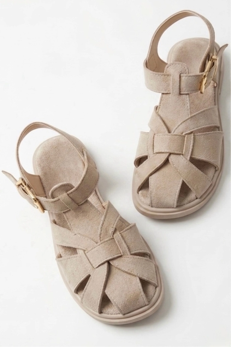 Women Beige Suede Cage Sandals Elegant Strappy Block Heel Shoes